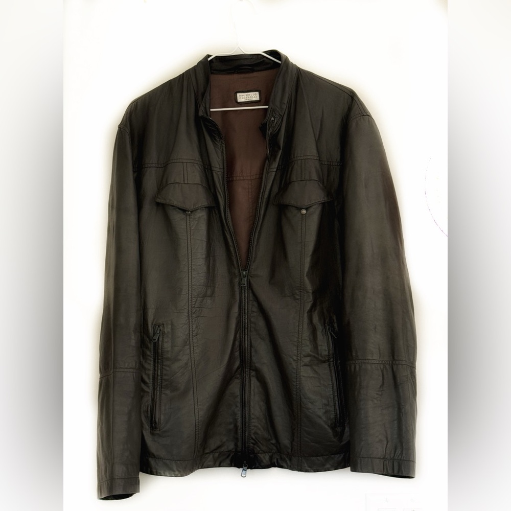 Bruno Cucinelli Dark Army Green Leather Bomber Jacket, XL